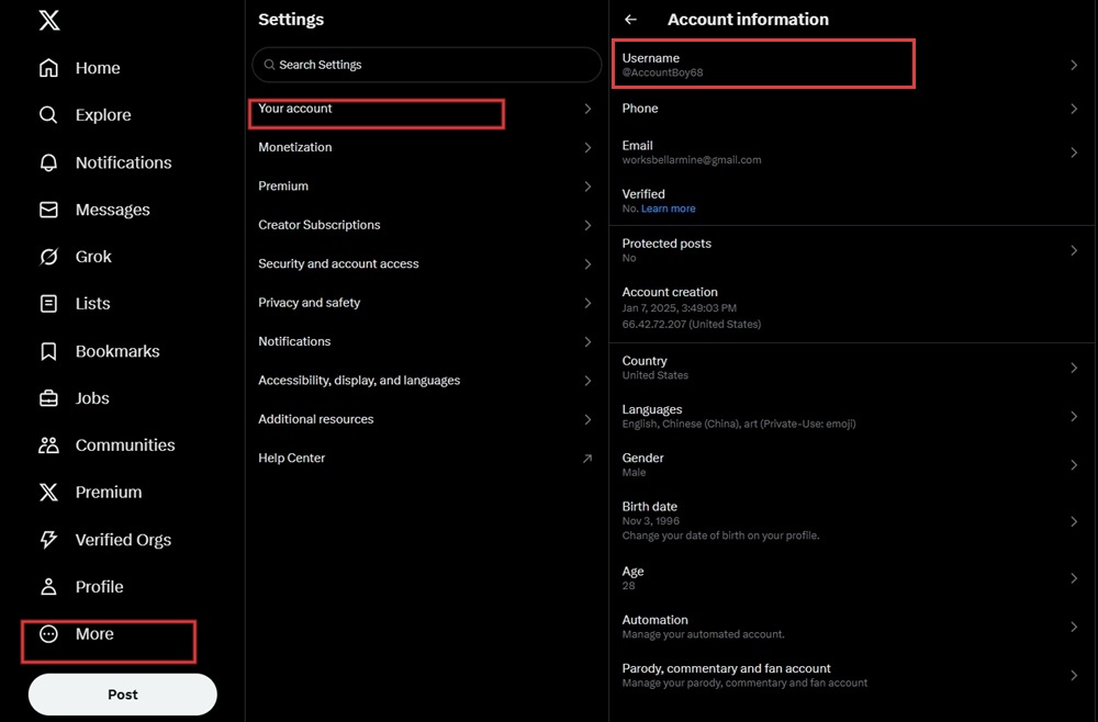 find x username in settings
